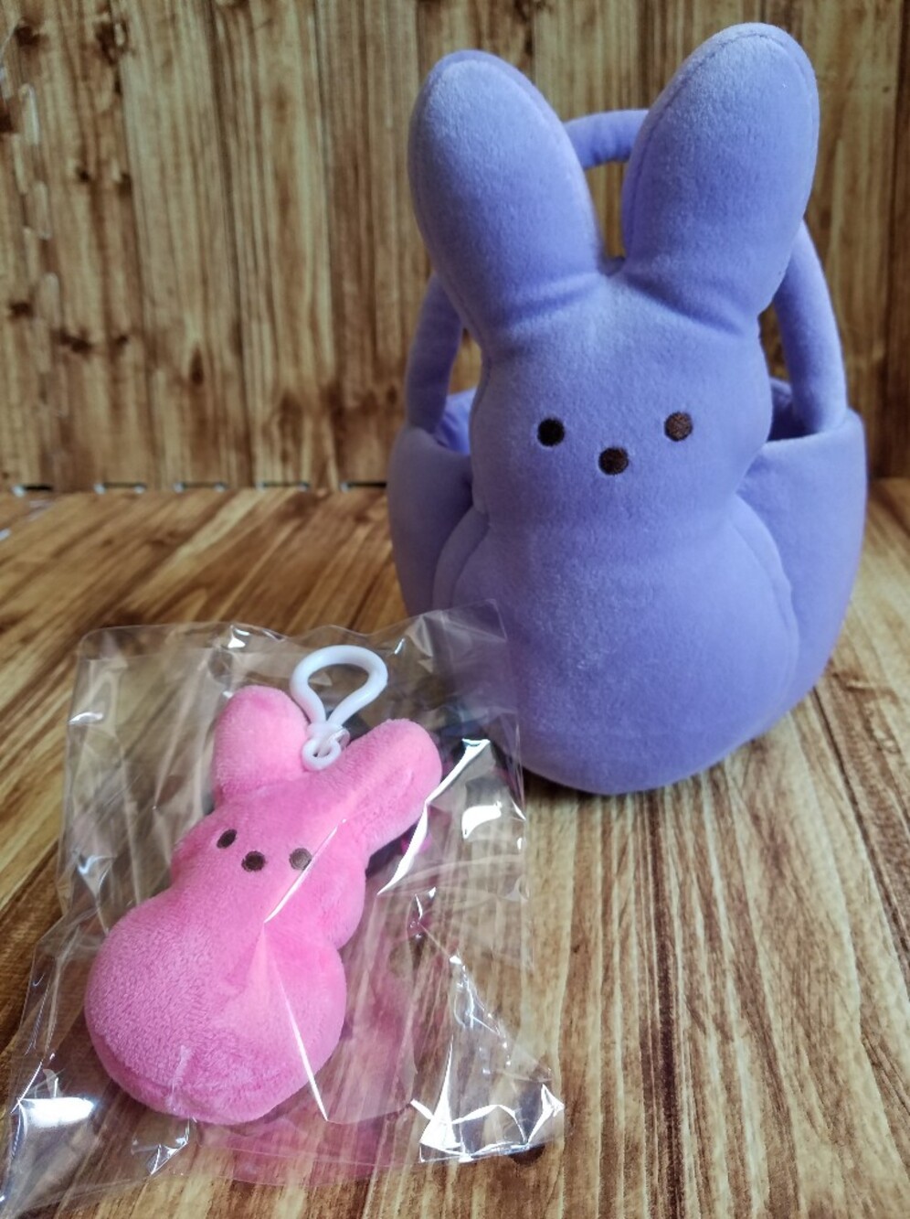 Peeps Plush Easter Basket Purple Bunny Set with Pink Plush Keychain Clip Bag